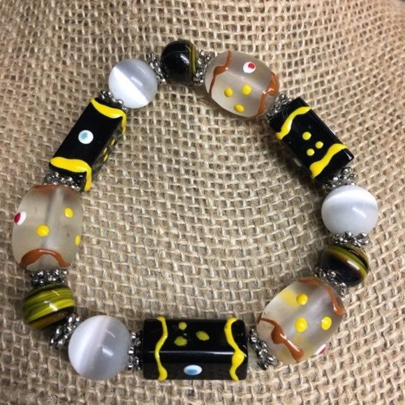 Glass Stretch Bracelet Black White Silver Yellow Red Brown Moonstone Retro BoHo - Picture 1 of 3